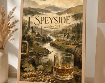 Speyside Whiskey Poster, Scottish Distillery Wall Art, Vintage Whisky Club Decor