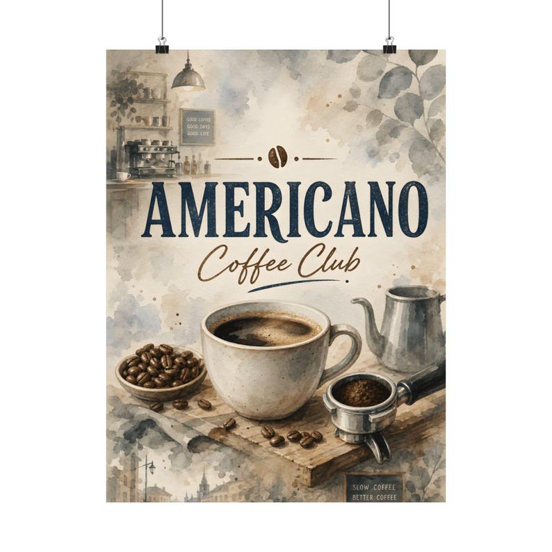 Arte de parede para clube de café, decoração de café americano, pôster fosco em aquarela para bar de expresso imagem 4