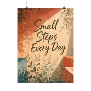 Poster met citaat over kleine stappen, botanische motiverende muurdecoratie, saliegroene kantoordecoratie afbeelding 2