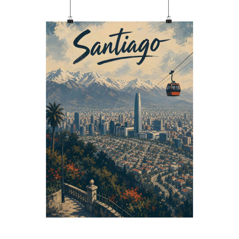 Póster de Santiago de Chile, arte mural de viajes vintage, decoración de la Cordillera de los Andes imagen 2