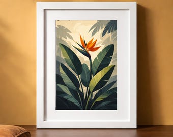 Lámina con estampado de aves del paraíso, póster botánico tropical de estilo moderno de mediados de siglo.