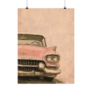 Różowy Cadillac, plakat z zabytkowym samochodem, wystrój retro z lat 50. XX wieku zdjęcie 2