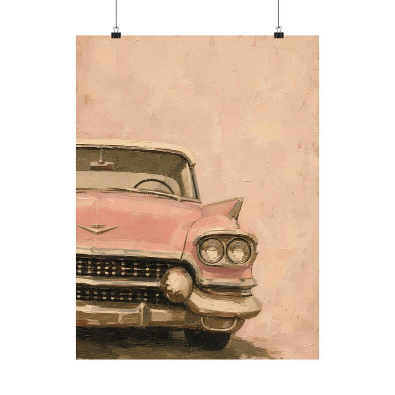 Różowy Cadillac, plakat z zabytkowym samochodem, wystrój retro z lat 50. XX wieku zdjęcie 2