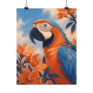 Muurkunst ara, poster tropische vogel, blauworanje botanisch decor afbeelding 2