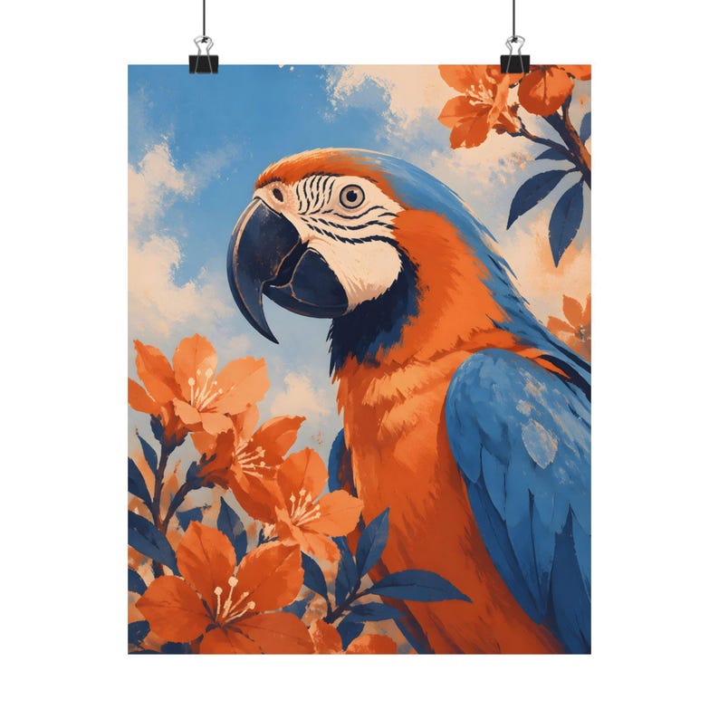 Muurkunst ara, poster tropische vogel, blauworanje botanisch decor afbeelding 2