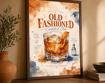 Old Fashioned Cocktail Recipe Wall Art, Bar Cart Decor Print, Whiskey Drink Poster