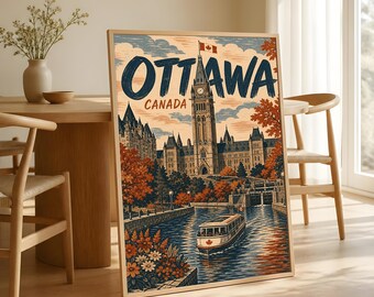 Ottawa Travel Poster, Vintage Canada Wall Art, Parliament Hill Decor