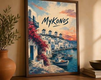 Mykonos Poster, Greek Island Travel Art, Mediterranean Coastal Decor