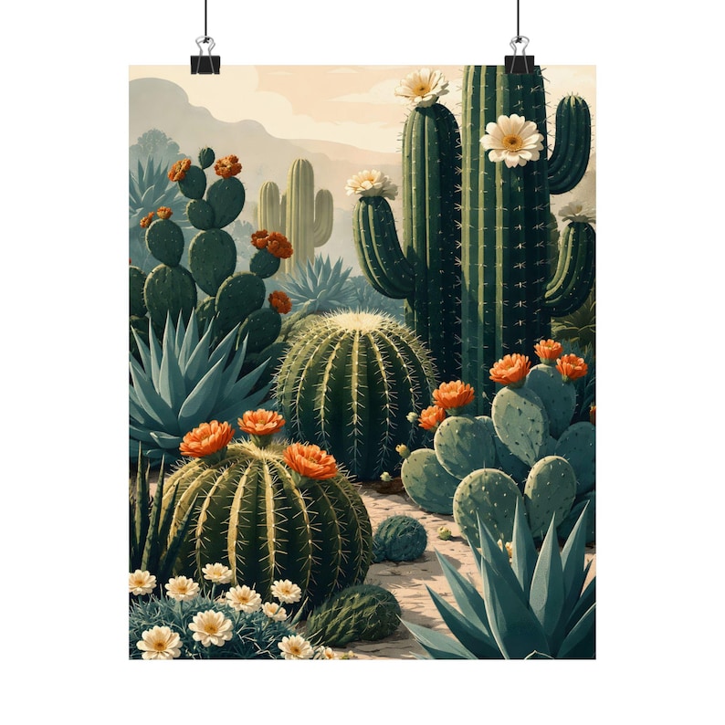 Póster mate de cactus, arte mural botánico del desierto, ilustración vintage del suroeste. imagen 2