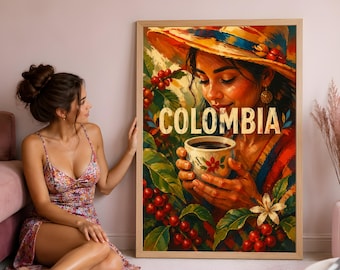 Colombia Coffee Art Print, Woman With Coffee Poster, Kitchen Wall Decor