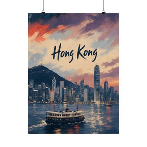 Póster turístico de Hong Kong, arte del horizonte del puerto de Victoria, decoración del Star Ferry imagen 2