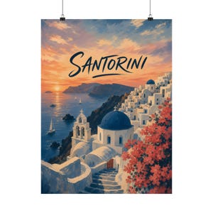 Santorini Travel Poster, Greek Island Sunset Wall Art, Mediterranean Decor image 2