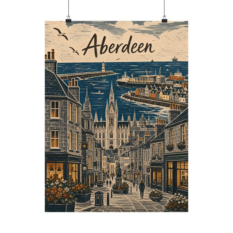 Aberdeen City Poster, Vintage Scotland Travel Art, Coastal Harbour Decor image 10