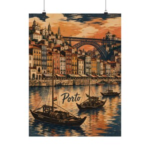 Porto Travel Poster, Portuguese Linocut Wall Art, Douro River Decor image 2