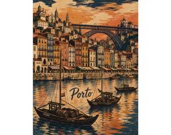 Porto Travel Poster, Portuguese Linocut Wall Art, Douro River Decor