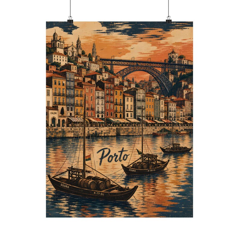 Porto Travel Poster, Portuguese Linocut Wall Art, Douro River Decor image 2