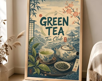 Green Tea Club Poster, Japanese Tea Art Print, Zen Kitchen Wall Decor