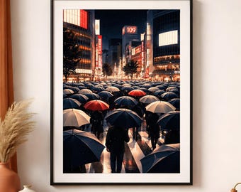 Tokyo Rainy Night Street Poster, Neon Cityscape Photography Print