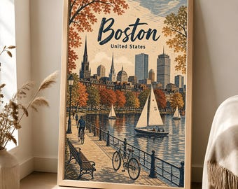 Boston Travel Poster, Vintage New England Fall Wall Art