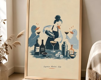 Espresso Martini Poster, Duck Cocktail Wall Art, Retro Bar Decor