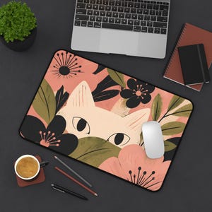 Alfombrilla de escritorio floral con diseño de gato espiando / Alfombrilla de ratón botánica rosa imagen 7