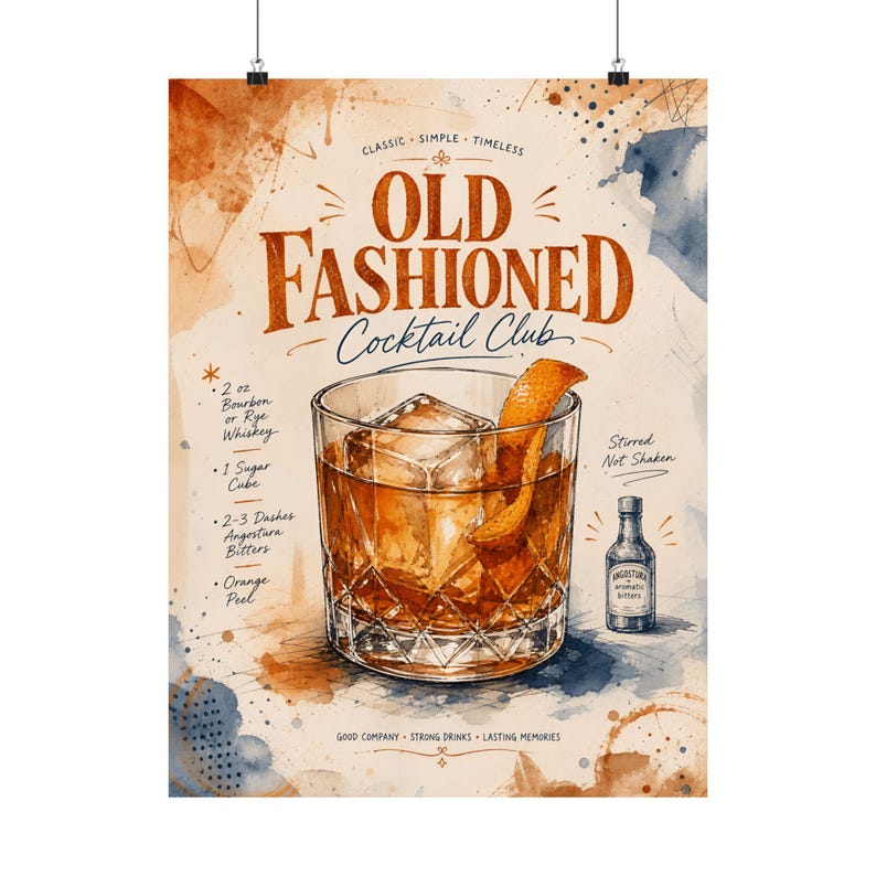 Old Fashioned Cocktail Recipe Wall Art, Bar Cart Decor Print, Whiskey Drink Poster image 2