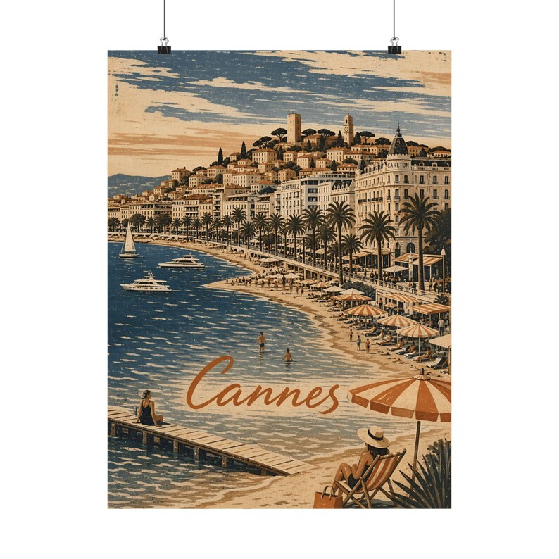 Plakat z Cannes, Sztuka podróżnicza po Lazurowym Wybrzeżu, Wystrój w stylu śródziemnomorskim w stylu vintage zdjęcie 2