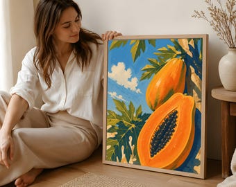 Pôster de mamão, arte de parede com frutas tropicais, decoração botânica vintage para cozinha, pôster colorido de verão