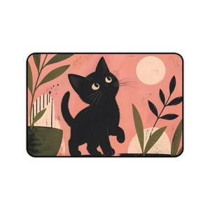 Black Kitten Illustration Desk Mat | Floral Moon Cat Mousepad image 5