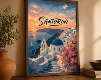 Santorini Travel Poster, Greek Island Sunset Wall Art, Mediterranean Decor