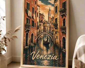 Venice Canal Poster, Vintage Italian Travel Art, Linocut Gondola Decor