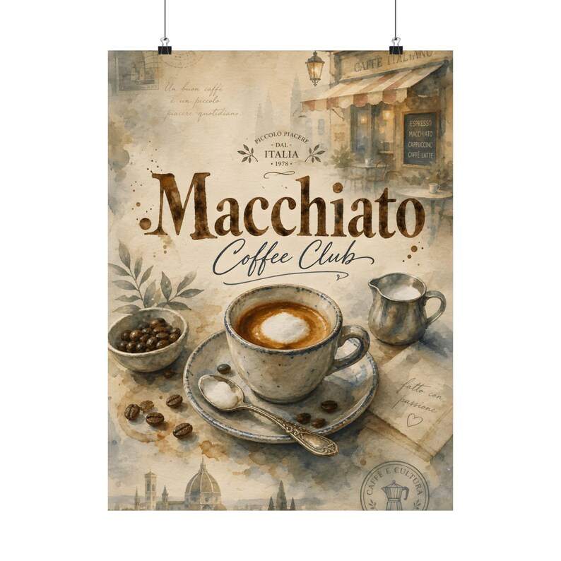Macchiato Coffee Club poster, Italiaanse café kunstprint, vintage koffie wanddecoratie afbeelding 3