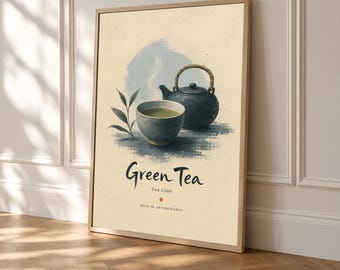 Decoración de pared con temática de té verde, decoración japonesa para la cocina con té, póster botánico vintage.