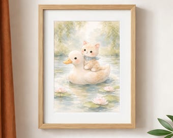 Kitten Riding Duck Watercolor Nursery Art Print, Woodland Pond Animal Decor