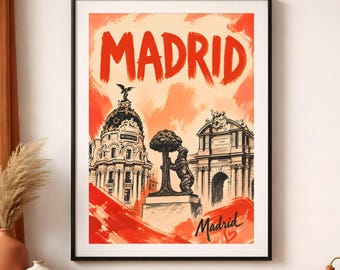 Póster de viaje de Madrid, lámina artística de paisaje urbano español, decoración de pared de estilo vintage