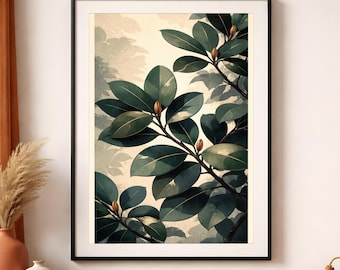 Magnolia Leaf Matt Poster, Vintage Botanisk Väggkonst, Stämningsfull Grön Naturdekor