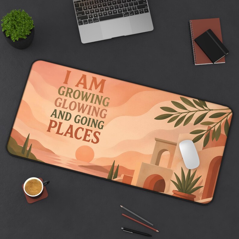 Motivational Desk Mat | Terracotta Sunset Mediterranean Scene, Uplifting Quote image 2