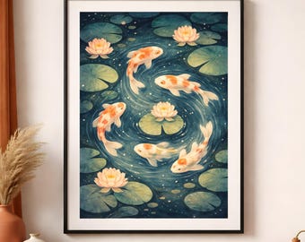 Koi Fish Pond Wall Art, Watercolor Water Lily Print, Japanese Zen Decor