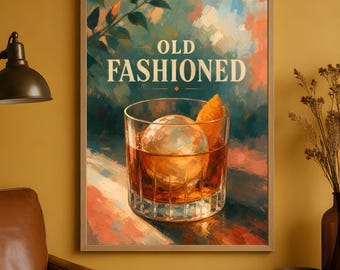 Ouderwetse cocktailprint, barwagen kunst aan de muur, whiskydrank keukendecor
