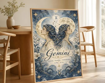 Gemini Zodiac Poster, Celestial Astrology Wall Art, Vintage Horoscope Decor