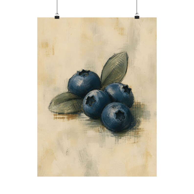 Blueberry Wall Art, Minimal Fruit Kitchen Decor, Rustic Botanical Poster image 2