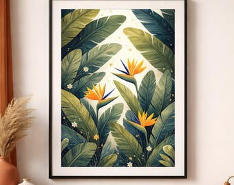 Bird of Paradise Tropical Wall Art, Banana Leaf Jungle Print, Modern Botanical Decor