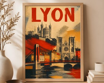フランス、リヨンの旅行ポスター、ヴィンテージの街並みウォールアート、フランスのお土産プリント