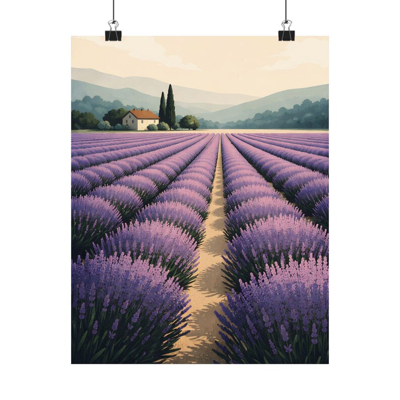 Lavender Field Matte Poster, Provence Landscape Wall Art, Farmhouse Cottage Decor image 2
