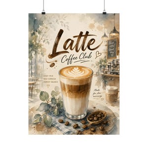 Lámina artística del Club del Café Latte, decoración de cafetería en acuarela, póster de café para la cocina. imagen 4
