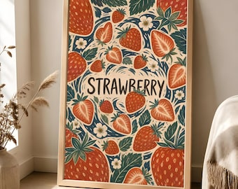 Strawberry Poster, Vintage Fruit Wall Art, Retro Kitchen Decor