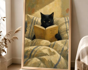 Black Cat Reading Poster, Cozy Bedroom Art, Literary Cat Decor