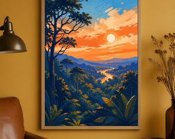 Arte de parede com pôr do sol tropical, pôster fosco de paisagem de selva