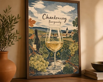 Chardonnay Wine Poster, Vintage Burgundy Vineyard Kitchen Wall Art