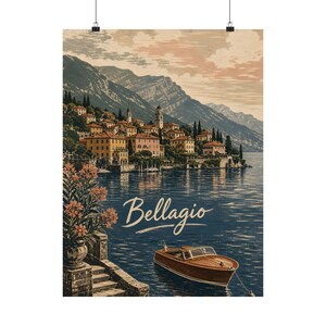 Plakat podróżniczy Bellagio, sztuka ścienna jeziora Como, wystrój włoskiej Riwiery zdjęcie 2